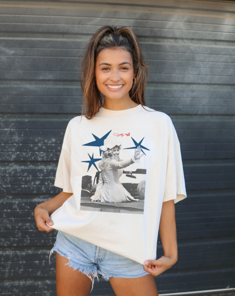 Off white distressed Dolly Parton patriotic graphic tee with vintage style and relaxed fit