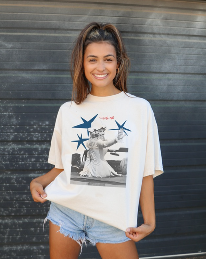 Off white distressed Dolly Parton patriotic graphic tee with vintage style and relaxed fit