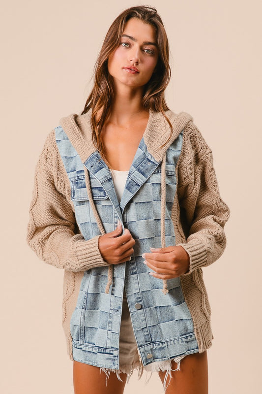 Checked Wash Denim Sweater Jacket