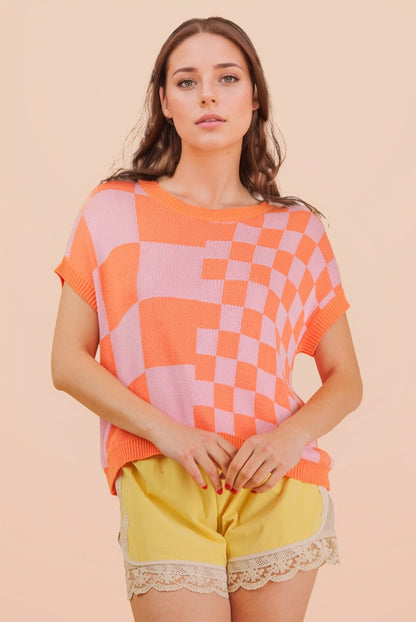 Orange mango multi-color knit top with checkered pattern and soft textured fabric