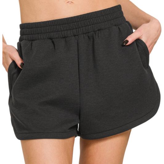 Scuba fabric dolphin shorts with elastic waistband in black, blue grey, pink, and blue tones