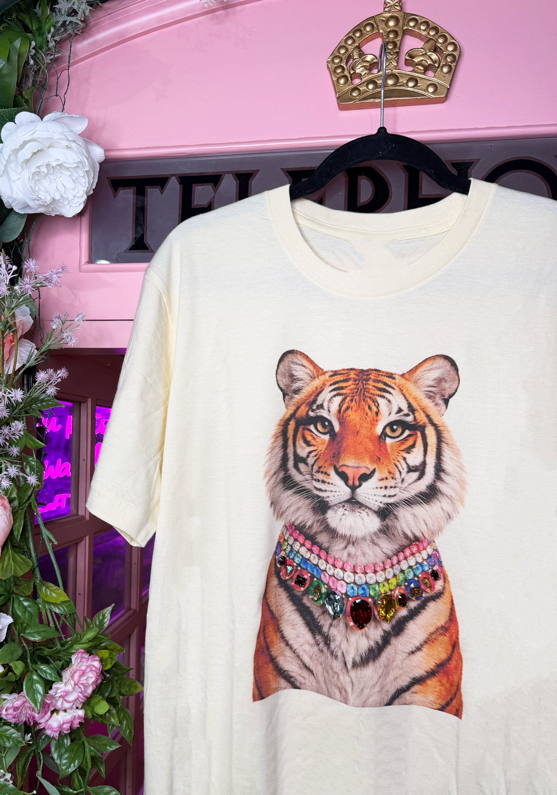 Soft graphic tee with colorful rhinestone tiger design in a relaxed fit