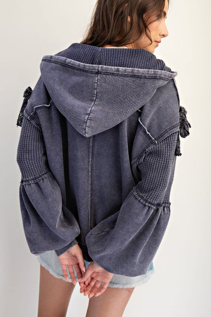 Clara Bow Tie Zip Up washed terry knit hoodie jacket with mineral wash finish, waffle knit contrast panels, and tie sleeve details.