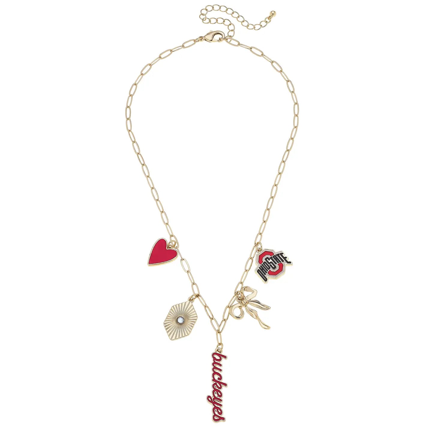 Gold buckeye charm necklace with red and silver accent beads — Frost Impressions Boutique, Wapakoneta, Ohio.