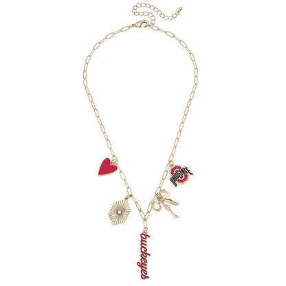 Gold buckeye charm necklace with red and silver accent beads — Frost Impressions Boutique, Wapakoneta, Ohio.