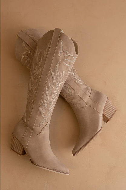 Opalite embroidered western tall boots with leather-wrapped heel and side zipper.