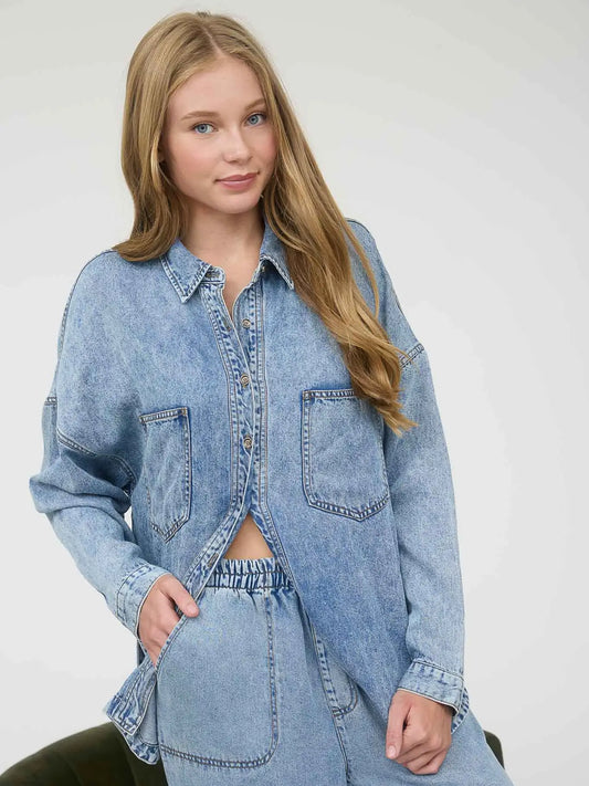 Oversized washed chambray button down denim shirt with relaxed fit and ultra-soft fabric