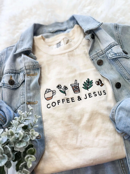 Ivory embroidered “Coffee & Jesus” women’s tee with simple minimal lettering