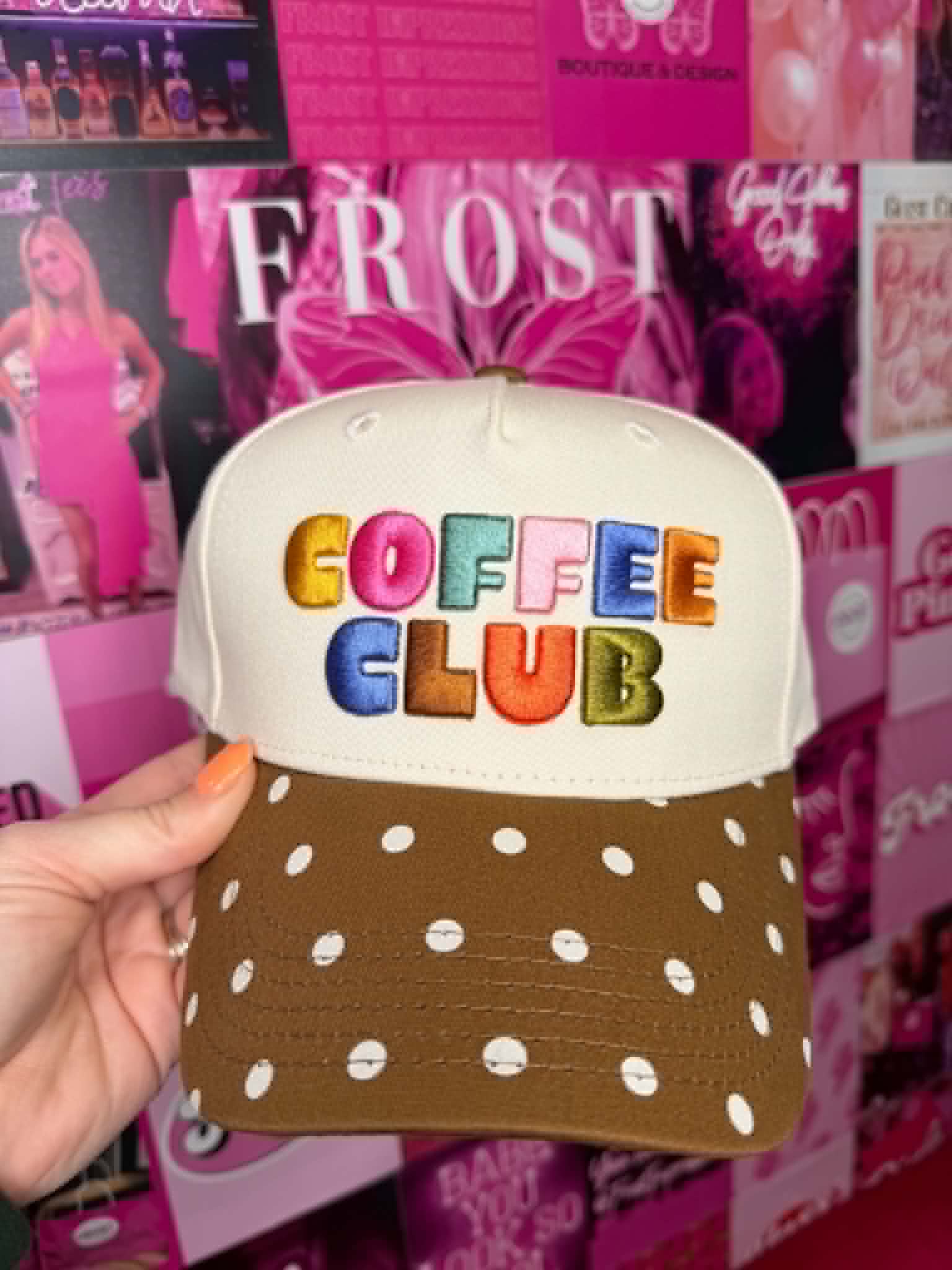 Trucker hat with Coffee Club graphic design, mesh back, and casual everyday style