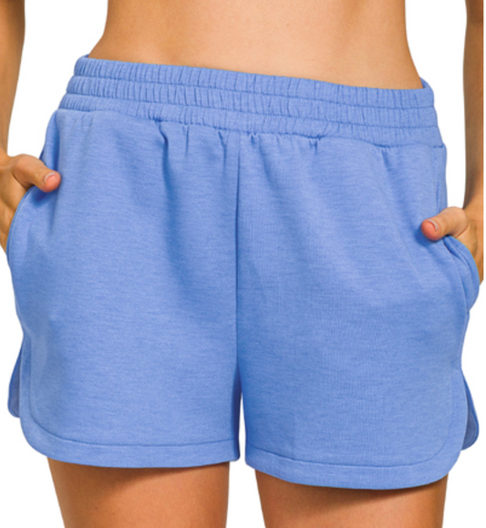 Scuba fabric dolphin shorts with elastic waistband in black, blue grey, pink, and blue tones