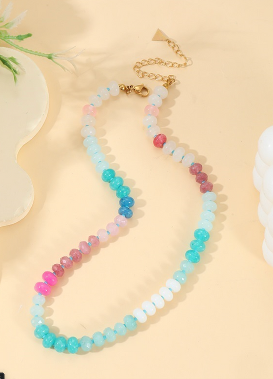 Colorful gemstone bead necklace in assorted mixes including blue, pastel, and bright multicolor styles