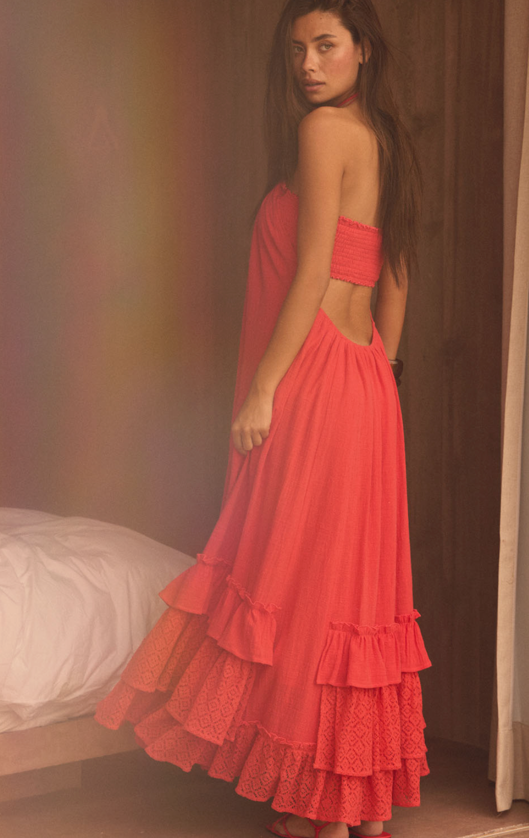 Cotton gauze halter maxi dress with crochet lace, smocked bodice, open back, and tiered ruffle hem