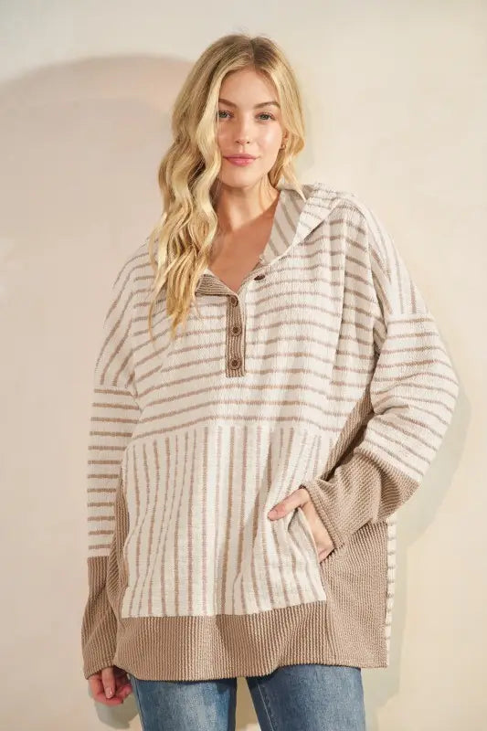 Urban Frost Hoodie — cream and mocha long sleeve jacquard stripe and solid urban rib contrast hoodie with front button detail and kangaroo pocket, available at Frost Impressions Boutique in Wapakoneta, Ohio.