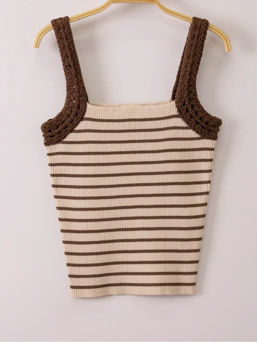 Striped knit tank top with crochet sleeve detail in fitted silhouette available in multiple colors