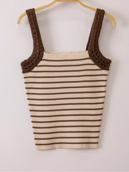 Striped knit tank top with crochet sleeve detail in fitted silhouette available in multiple colors