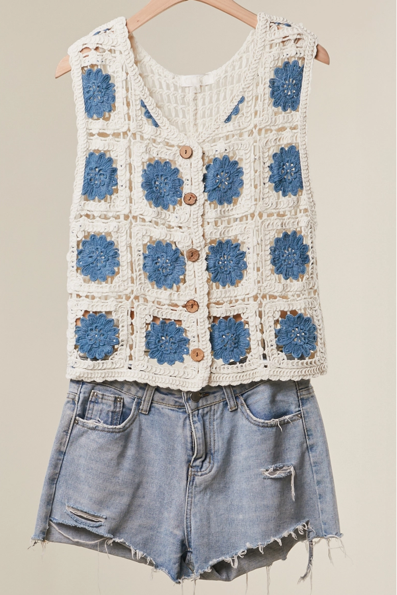 Crochet style tank top sweater with open knit design in a lightweight, breathable summer style