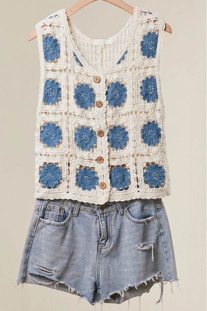 Crochet style tank top sweater with open knit design in a lightweight, breathable summer style