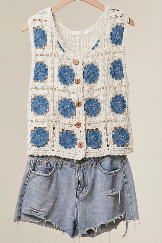 Crochet style tank top sweater with open knit design in a lightweight, breathable summer style