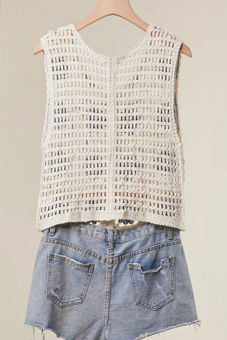 Crochet style tank top sweater with open knit design in a lightweight, breathable summer style
