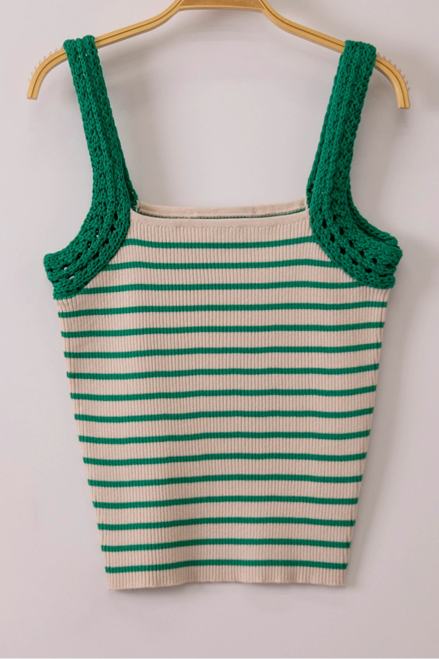 Striped knit tank top with crochet sleeve detail in fitted silhouette available in multiple colors