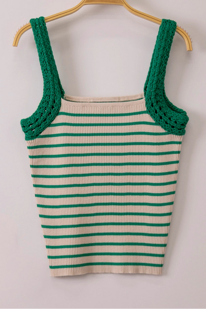 Striped knit tank top with crochet sleeve detail in fitted silhouette available in multiple colors