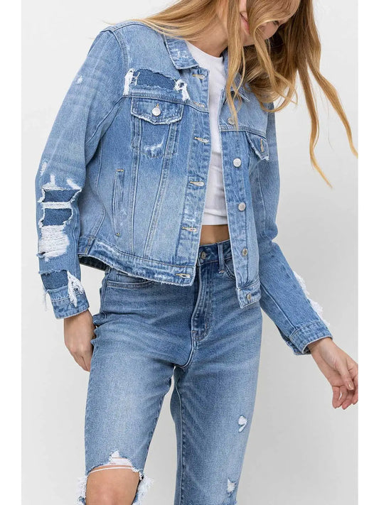 Distressed cropped denim jacket with deconstructed details — Rebel Blues Denim Jacket from Frost Impressions Boutique.