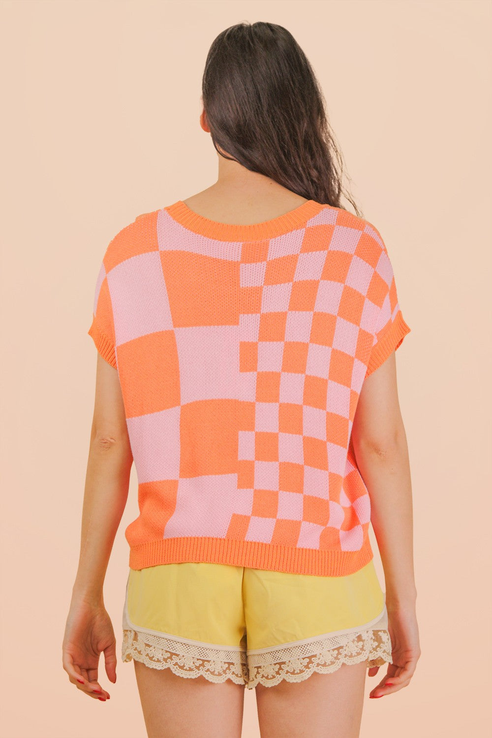 Orange mango multi-color knit top with checkered pattern and soft textured fabric