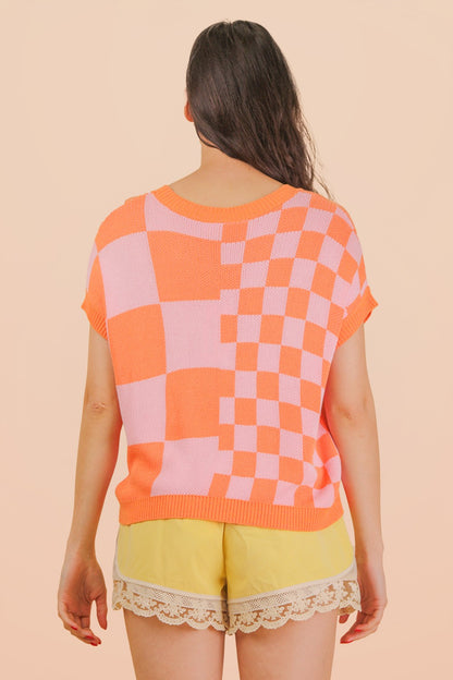 Orange mango multi-color knit top with checkered pattern and soft textured fabric