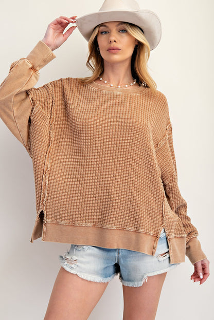 Almond mineral washed thermal pullover with side slits, ribbed cuffs and hem — Almond Lane Thermal Pullover from Frost Impressions Boutique.