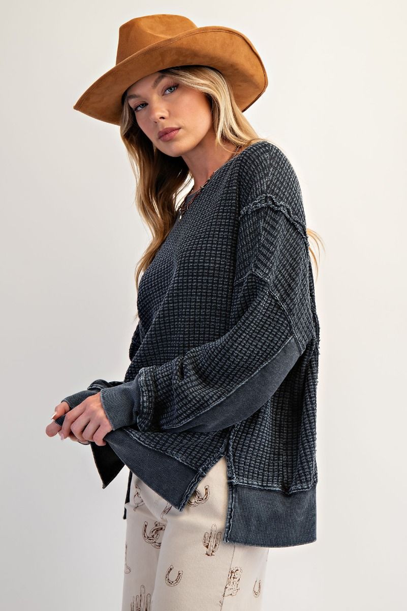 Ash mineral washed thermal pullover with side slits, ribbed cuffs and hem — Ash Lane Thermal Pullover from Frost Impressions Boutique.