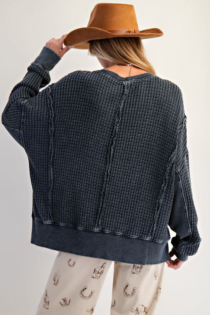 Ash mineral washed thermal pullover with side slits, ribbed cuffs and hem — Ash Lane Thermal Pullover from Frost Impressions Boutique.