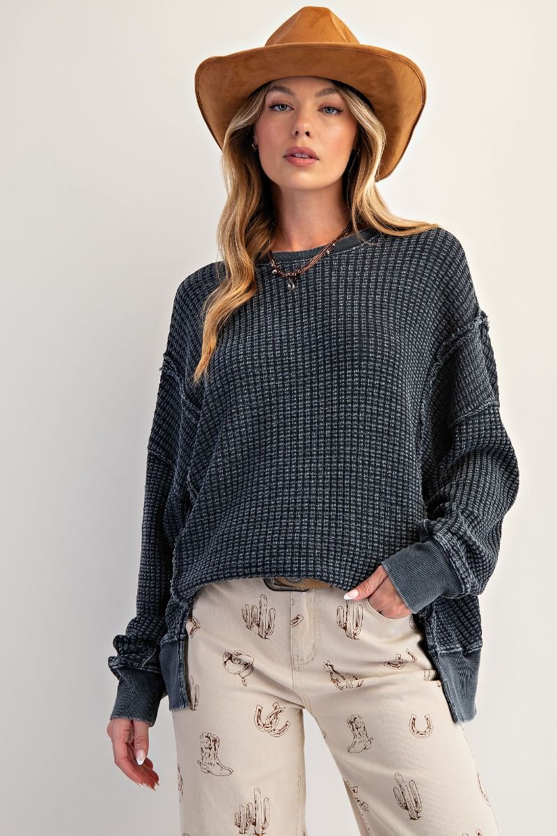 Ash mineral washed thermal pullover with side slits, ribbed cuffs and hem — Ash Lane Thermal Pullover from Frost Impressions Boutique.