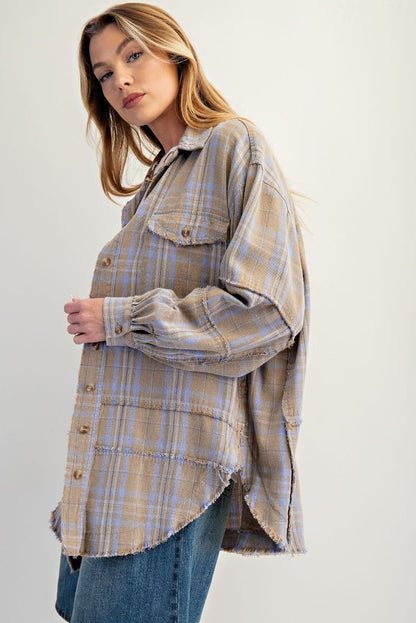 Sage grey mineral washed oversized plaid tunic flannel with button-down front and curved hem — Sage Grey Tunic Flannel from Frost Impressions Boutique.
