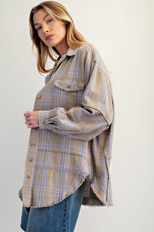 Sage grey mineral washed oversized plaid tunic flannel with button-down front and curved hem — Sage Grey Tunic Flannel from Frost Impressions Boutique.