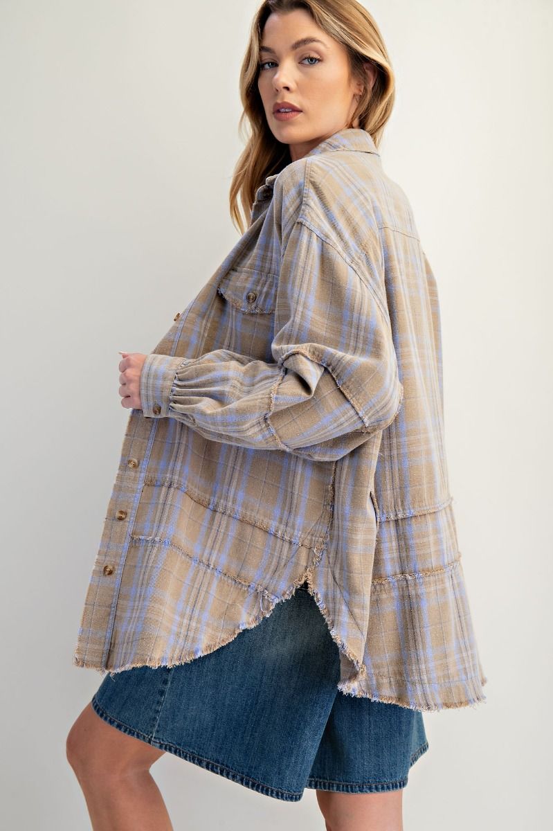Sage grey mineral washed oversized plaid tunic flannel with button-down front and curved hem — Sage Grey Tunic Flannel from Frost Impressions Boutique.