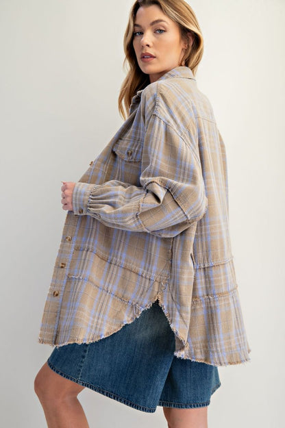 Sage grey mineral washed oversized plaid tunic flannel with button-down front and curved hem — Sage Grey Tunic Flannel from Frost Impressions Boutique.