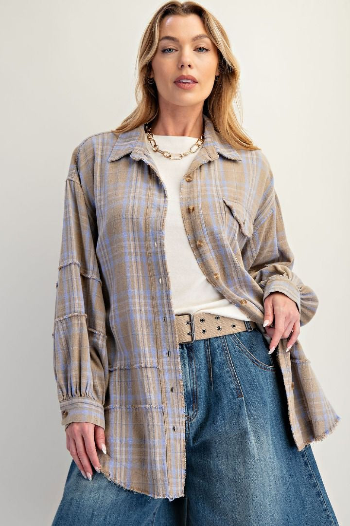 Sage grey mineral washed oversized plaid tunic flannel with button-down front and curved hem — Sage Grey Tunic Flannel from Frost Impressions Boutique.