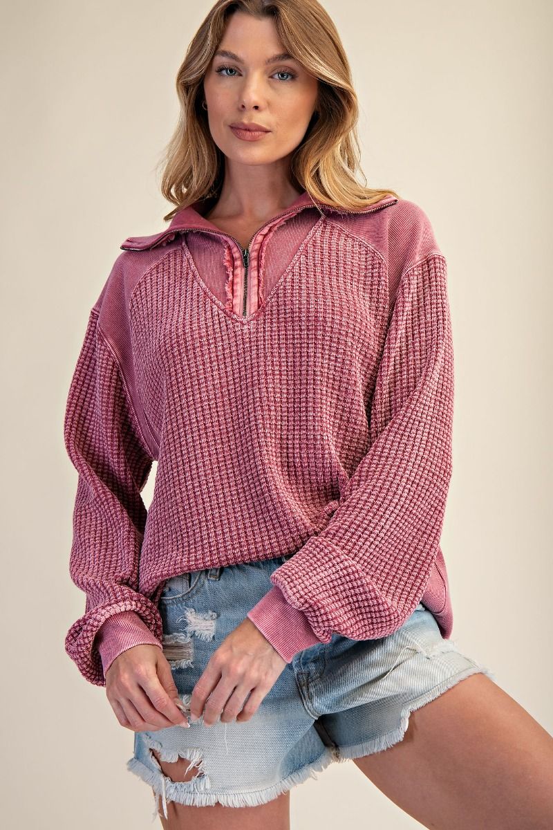 Mulberry mineral washed half zip thermal pullover with stand collar neckline and relaxed fit — Mulberry Lane Thermal Zip Pullover from Frost Impressions Boutique.