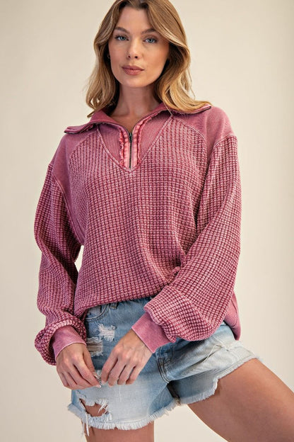 Mulberry mineral washed half zip thermal pullover with stand collar neckline and relaxed fit — Mulberry Lane Thermal Zip Pullover from Frost Impressions Boutique.