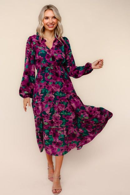 Watercolor floral tiered maxi dress with smocked waist and puff bubble sleeves from Frost Impressions Boutique Wapakoneta Ohio