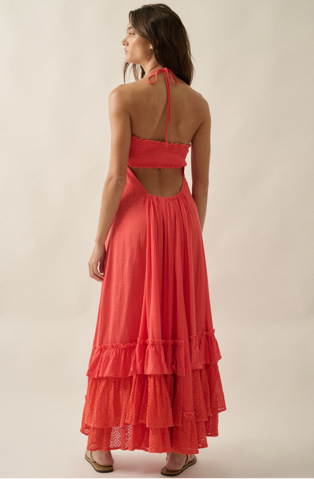 Cotton gauze halter maxi dress with crochet lace, smocked bodice, open back, and tiered ruffle hem