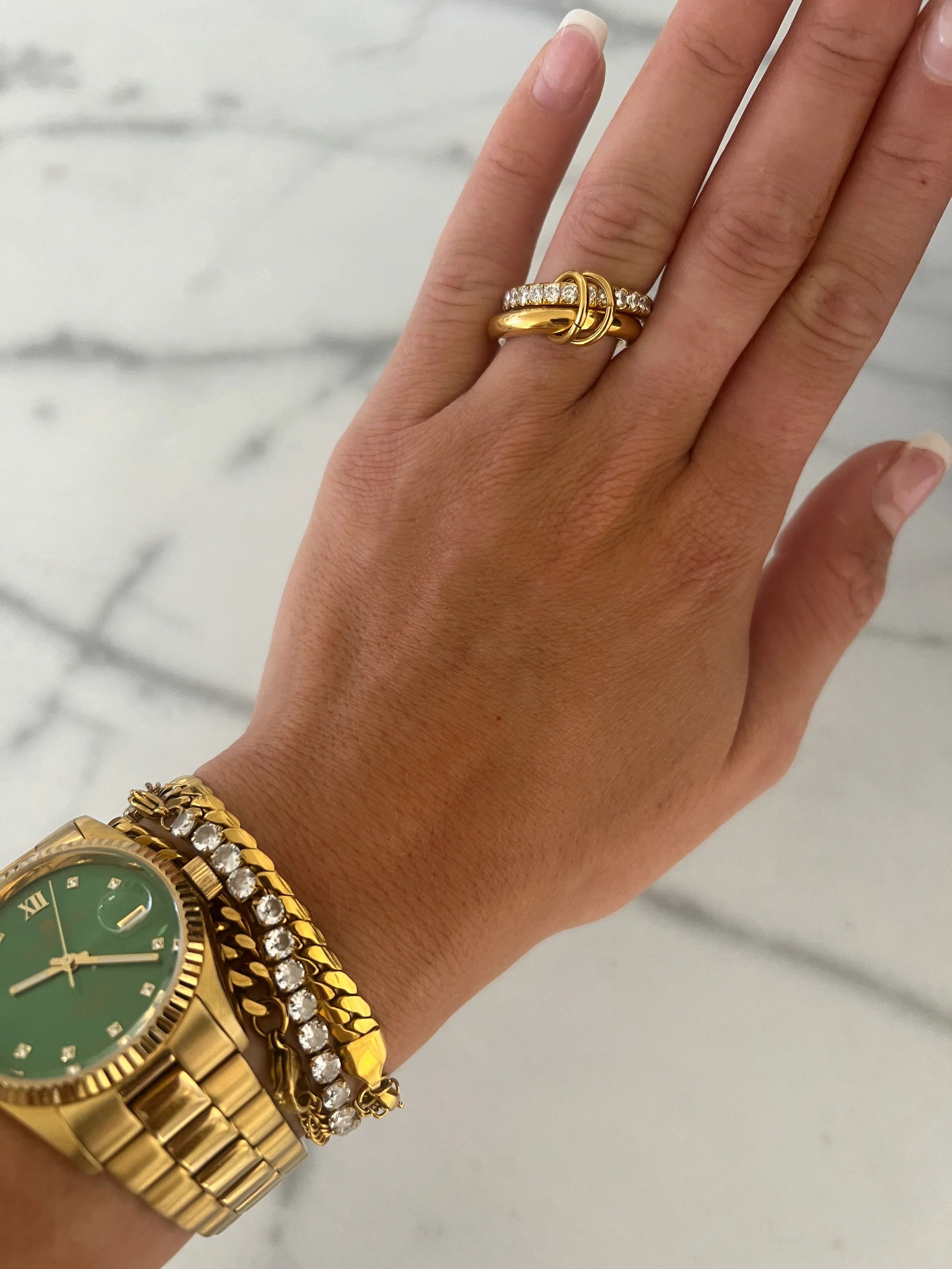 The Grace Ring — 18k gold plated stainless steel water-resistant ring with lifetime warranty, available at Frost Impressions Boutique in Wapakoneta, Ohio.