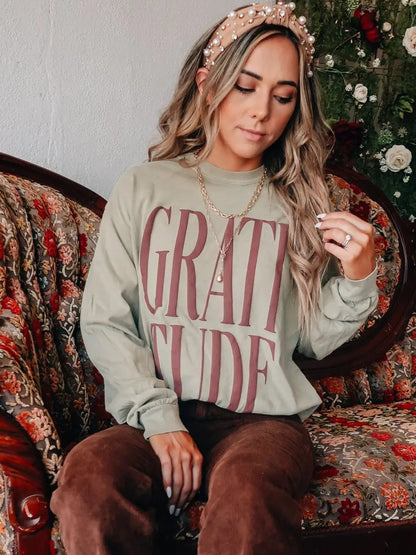 Gratitude Puff Long Sleeve — hand-bleached Comfort Colors long sleeve tee from Frost Impressions Boutique in Wapakoneta, Ohio.