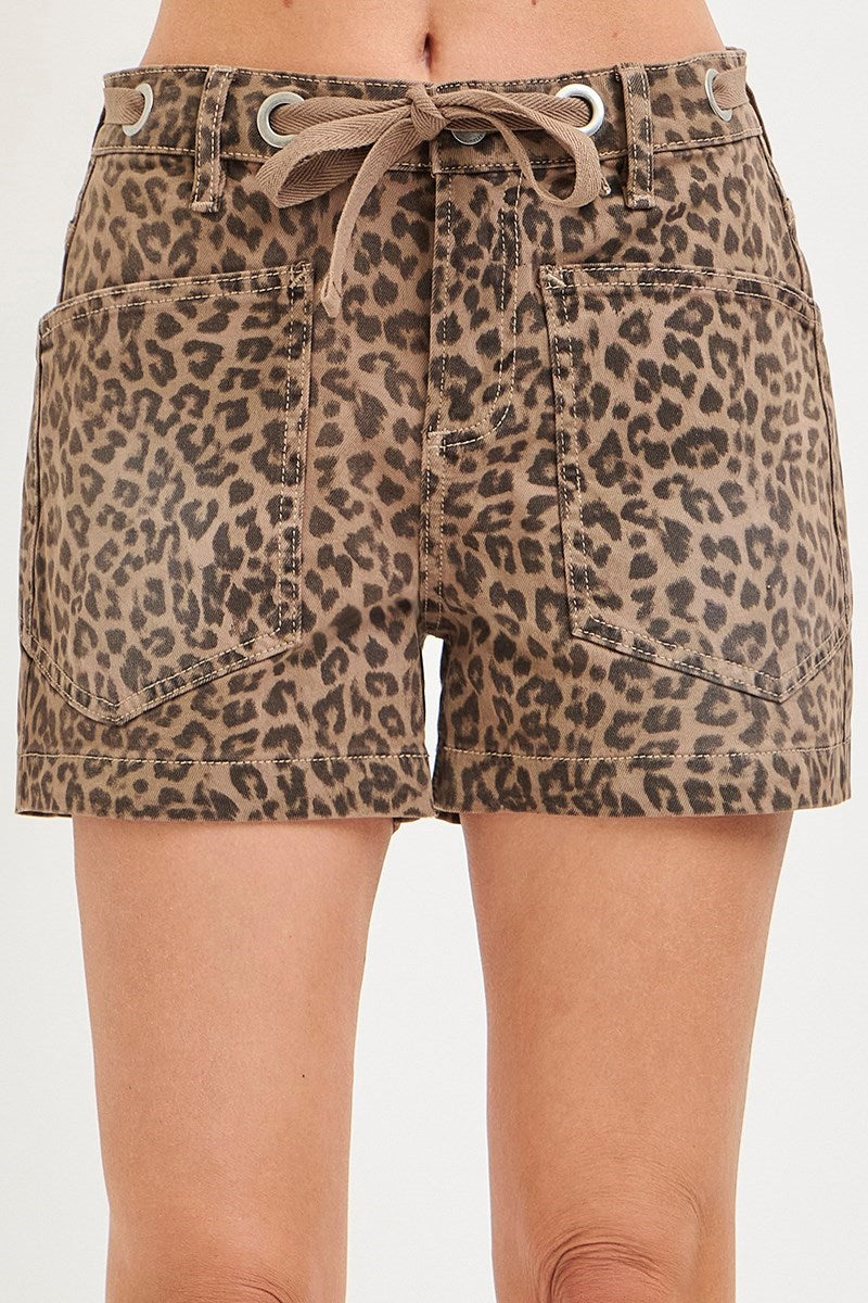Leopard print denim shorts with high rise fit and flattering silhouette