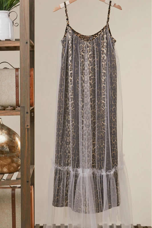 Leopard print mesh dress with layered tulle hem and fitted silhouette
