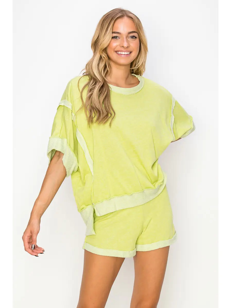 Lime French terry two-piece lounge set with rolled sleeve top and drawstring shorts