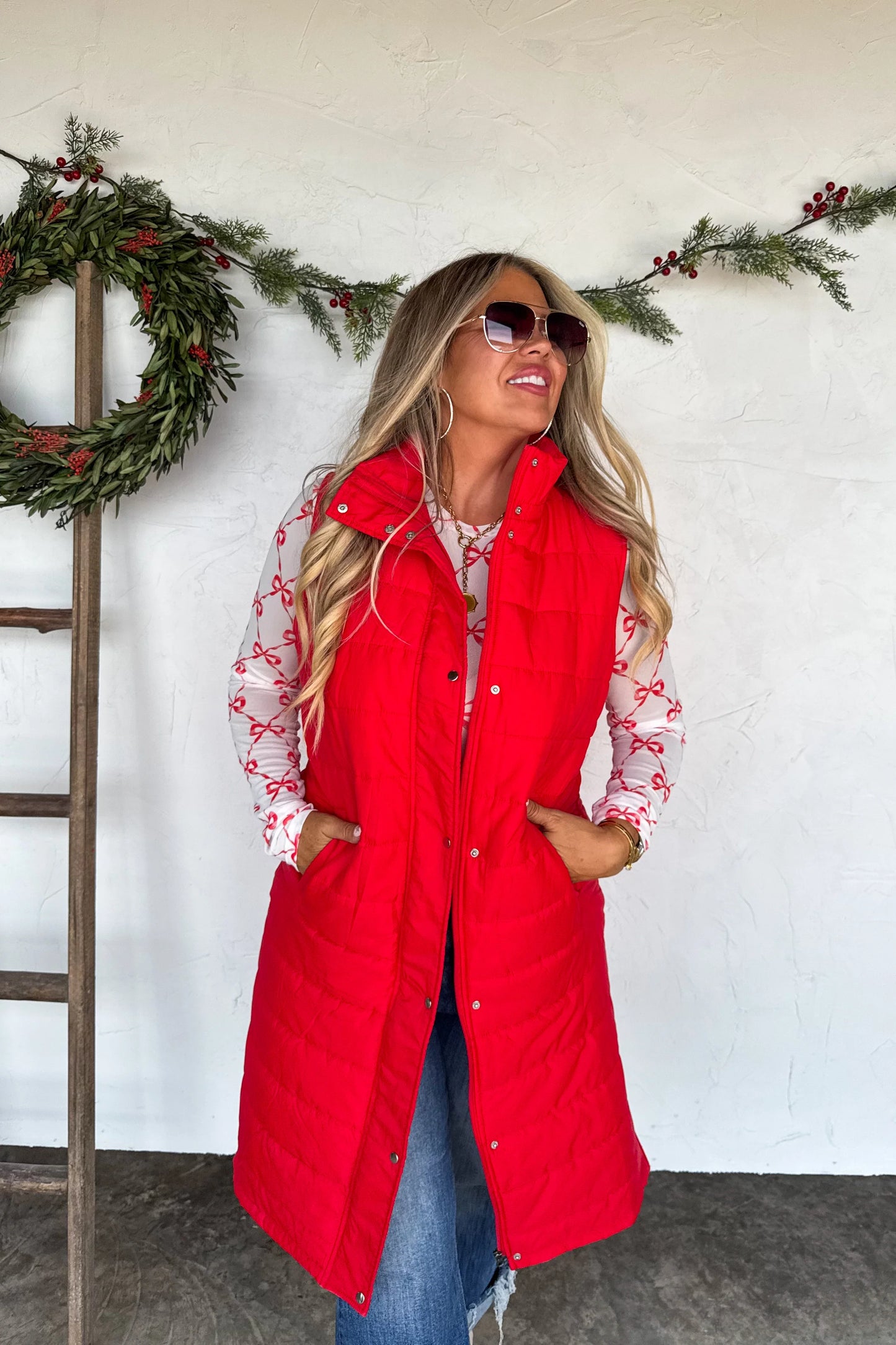 Red Long Puffer Vest