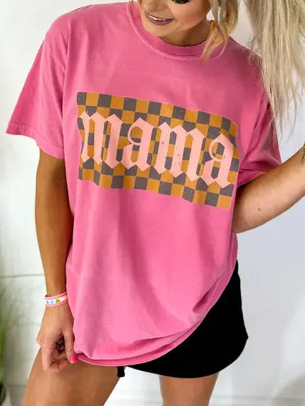 Comfort Colors checkered graphic mama tee with Crunchberry design and relaxed fit