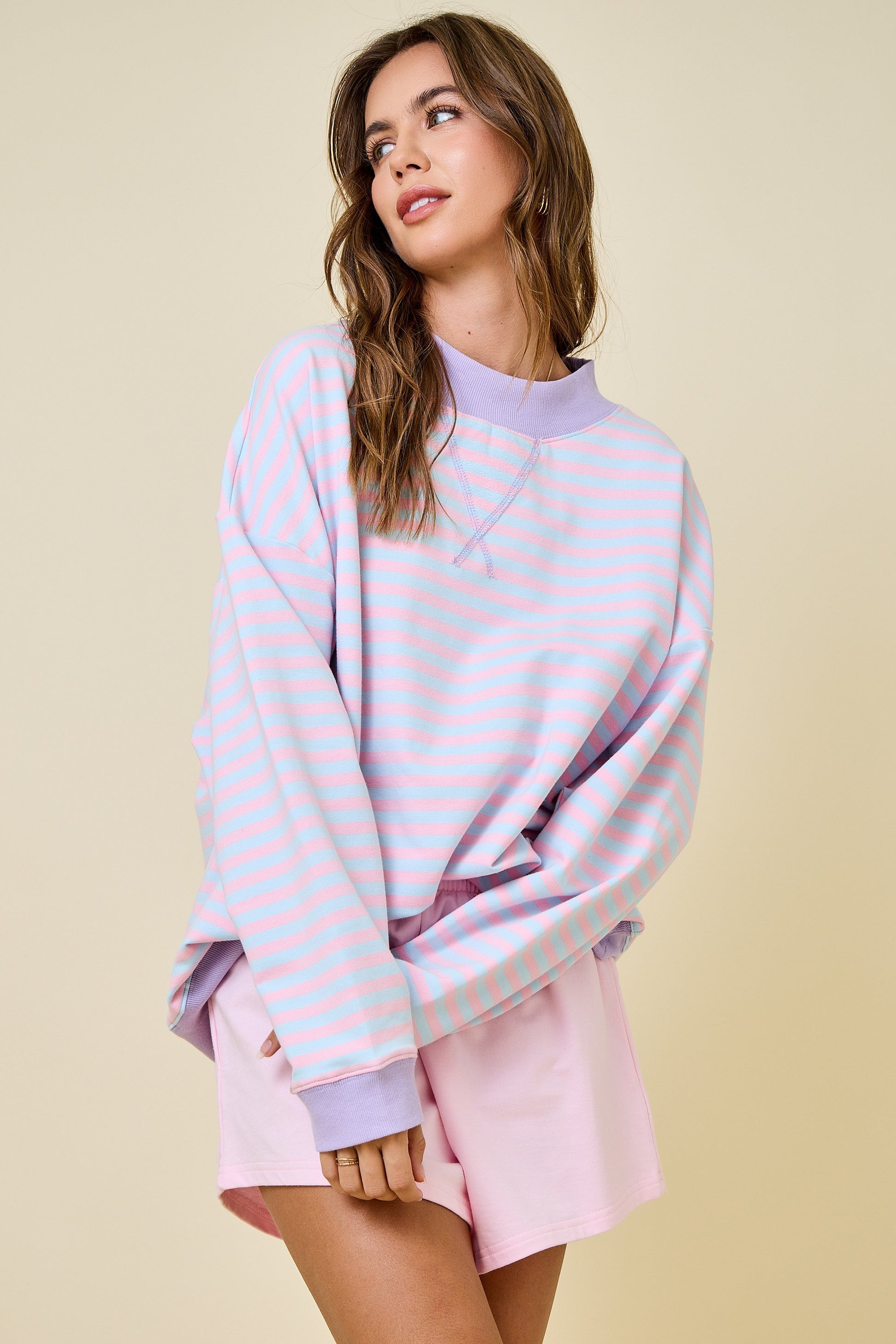 Mock neck striped terry lounge sweatshirt from Annie Frost boutique in Wapakoneta Ohio, trendy colorful women’s comfy sweatshirt