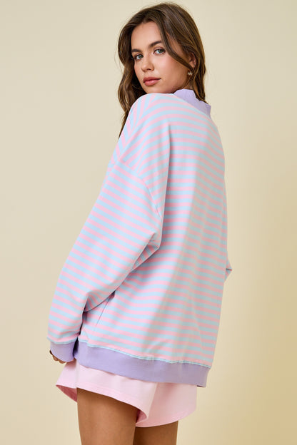Mock neck striped terry lounge sweatshirt from Annie Frost boutique in Wapakoneta Ohio, trendy colorful women’s comfy sweatshirt